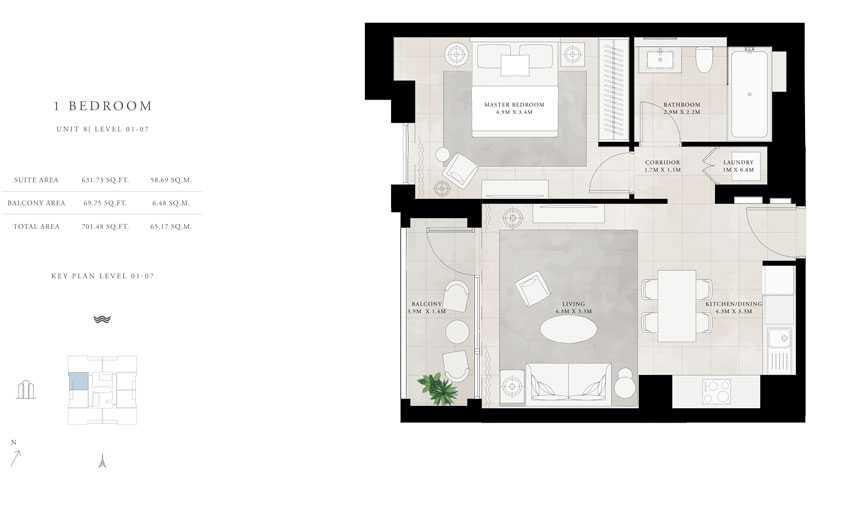 1-Bed, Unit-8, Level-1-7, Size-701.48-sq.ft